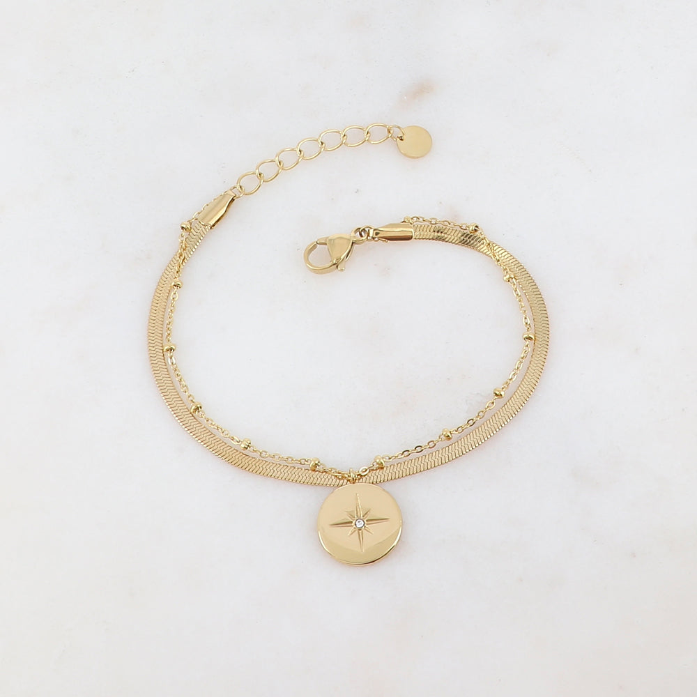 Bracelet deux rangs, pampille ronde, étoile et strass