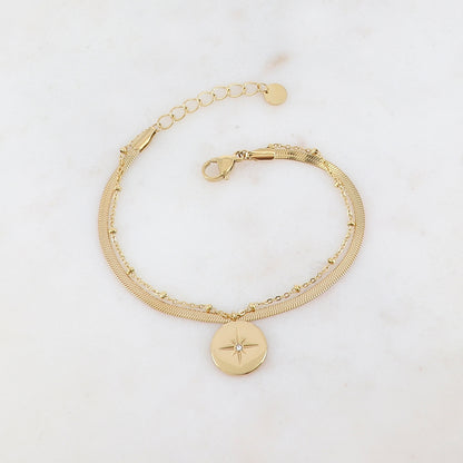 Bracelet deux rangs, pampille ronde, étoile et strass