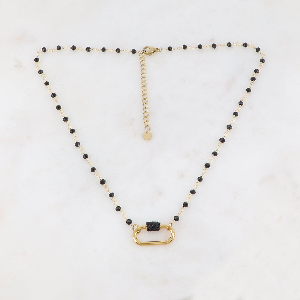 Collier doré embelli de perle en pâte de verre noire et d'une boucle ovale ornée de strass noirs 40+5 cm