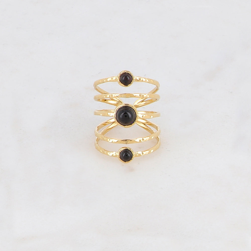 Bague ajustable 5 rangs avec 3 pierres naturelles - Onyx
