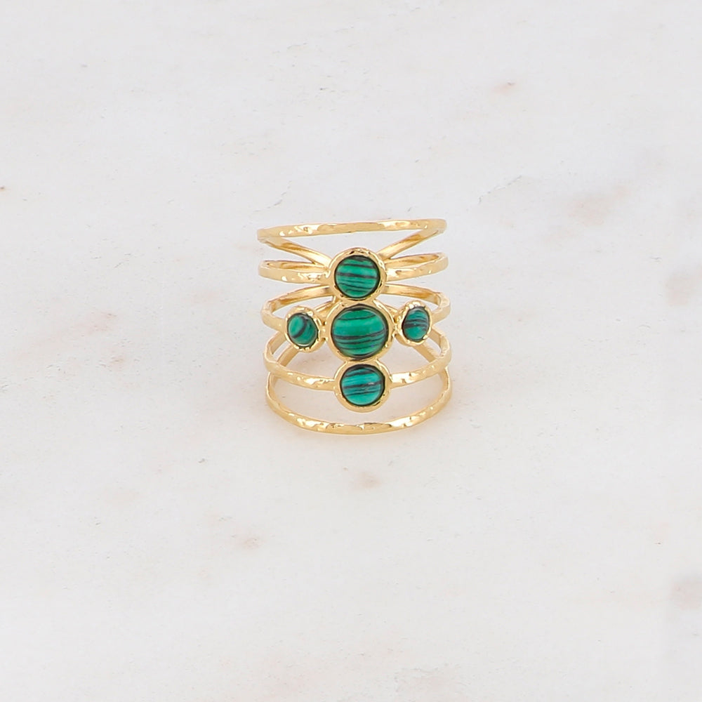Bague ajustable 5 rangs avec 5 pierres reconstituées - Malachite