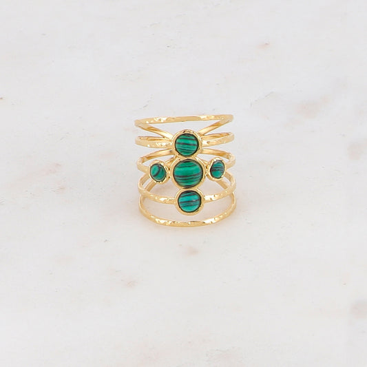 Bague ajustable 5 rangs avec 5 pierres reconstituées - Malachite