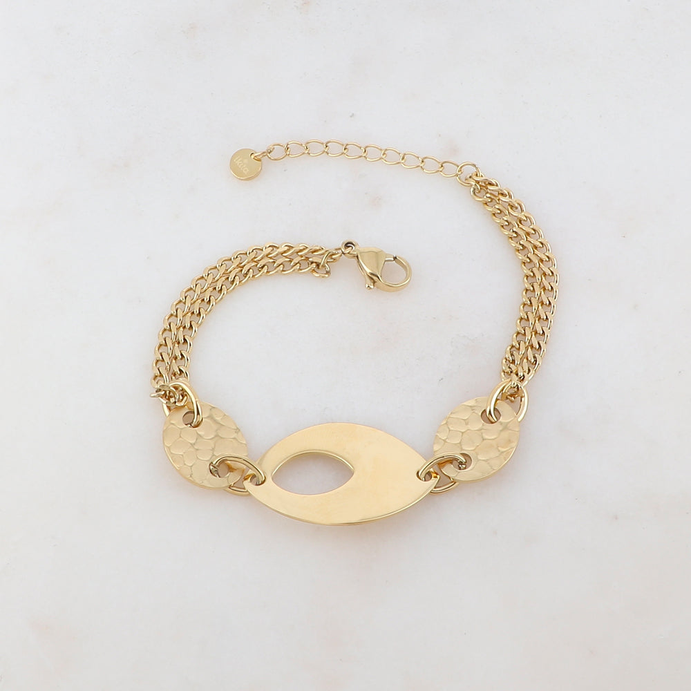 Bracelet en maille gourmette deux rangs avec pièces martelées et lisse