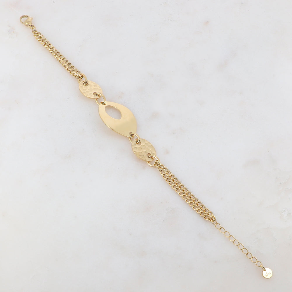 Bracelet en maille gourmette deux rangs avec pièces martelées et lisse