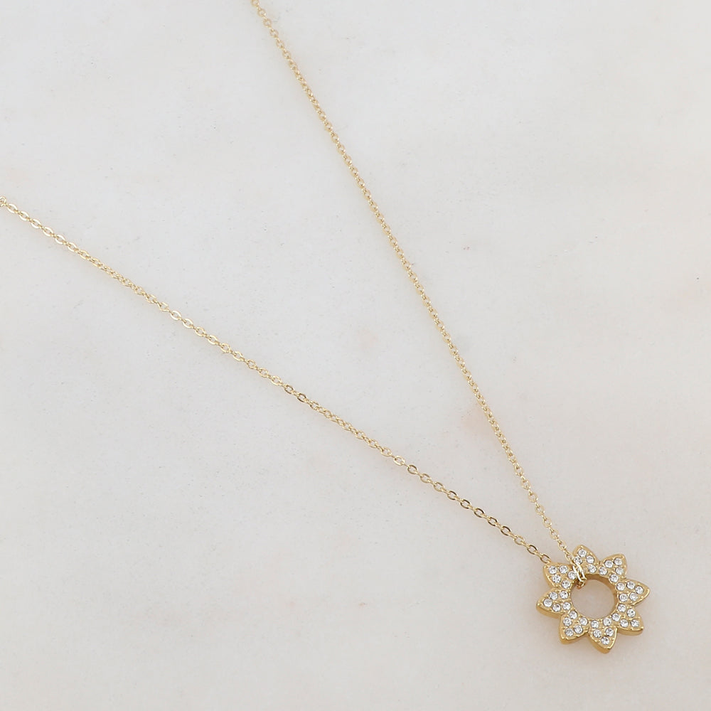 Collier doré avec pendentif en forme de fleur et cristal 40+5 cm