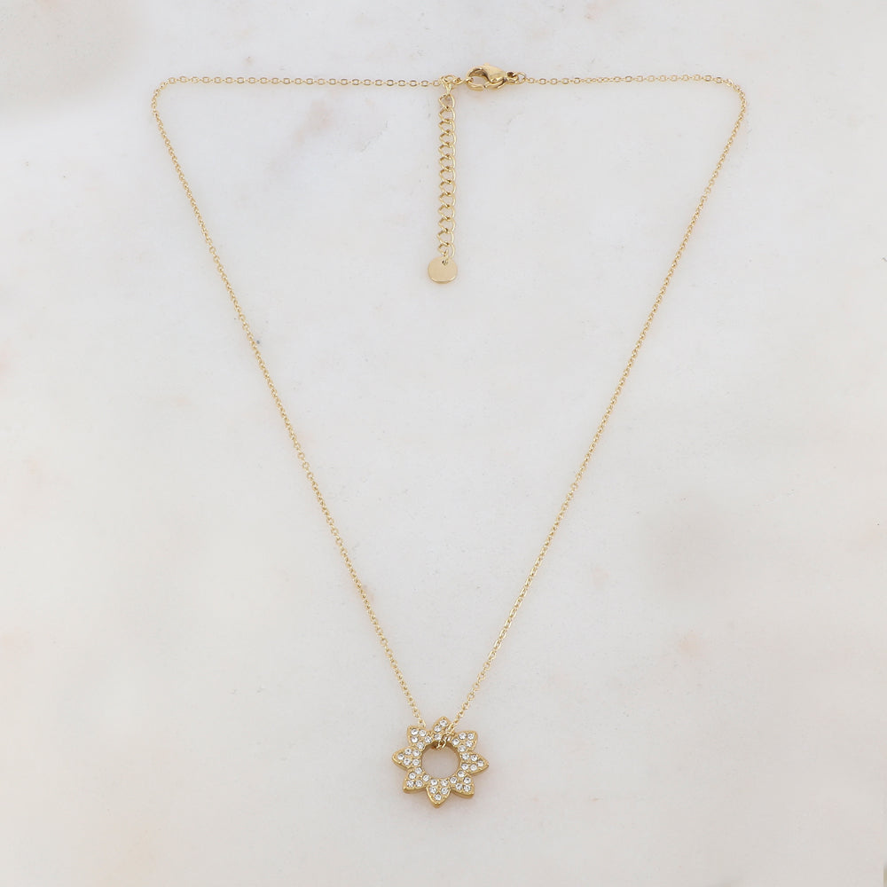 Collier doré avec pendentif en forme de fleur et cristal 40+5 cm