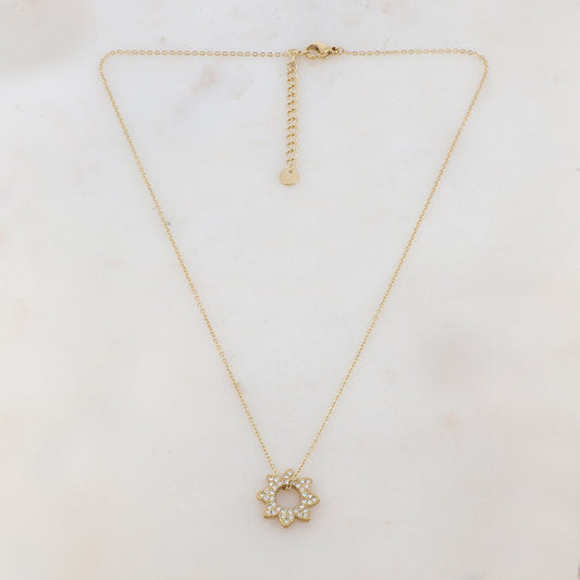 Collier doré avec pendentif en forme de fleur et cristal 40+5 cm