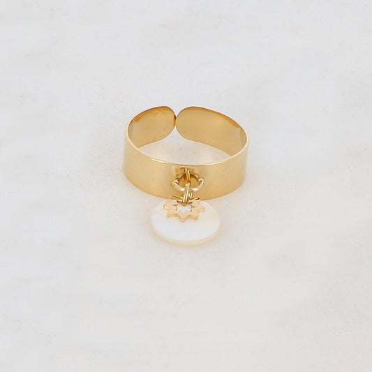 Bague lisse avec pampille ronde en nacre et étoile
