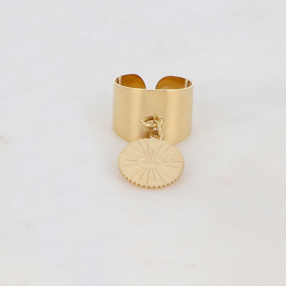 Bague lisse avec pampille ronde et motif œil