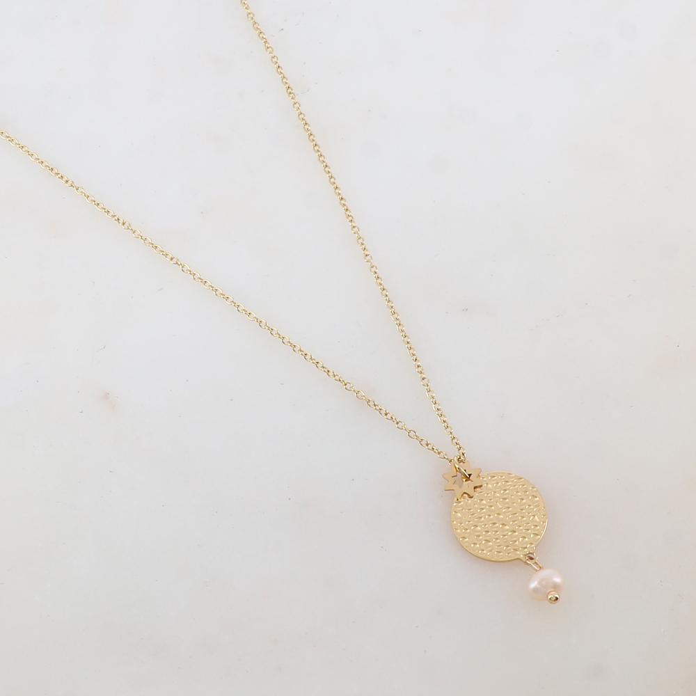 Collier avec pendentif rond martelé, étoile et perle d'eau douce (40+5CM)