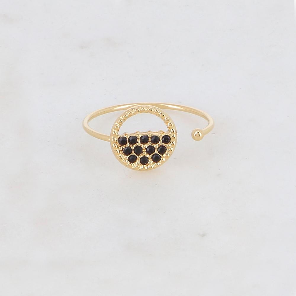 Bague fine réglable avec anneau et strass - Noir
