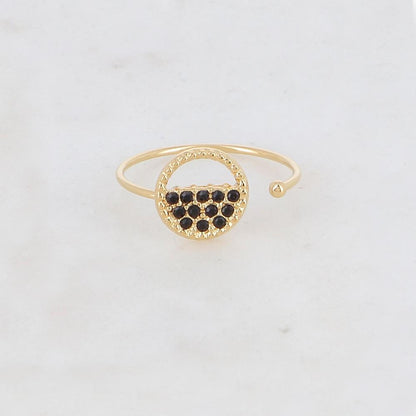 Bague fine réglable avec anneau et strass - Noir