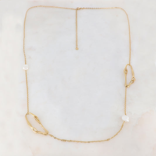 Sautoir avec 2 pièces géométriques et 2 perles d'eau douce (90+10CM)