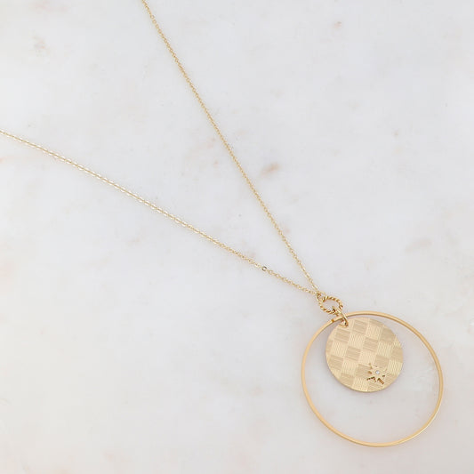 Sautoir avec anneau, pendentif rond, étoile et strass (65+5CM)