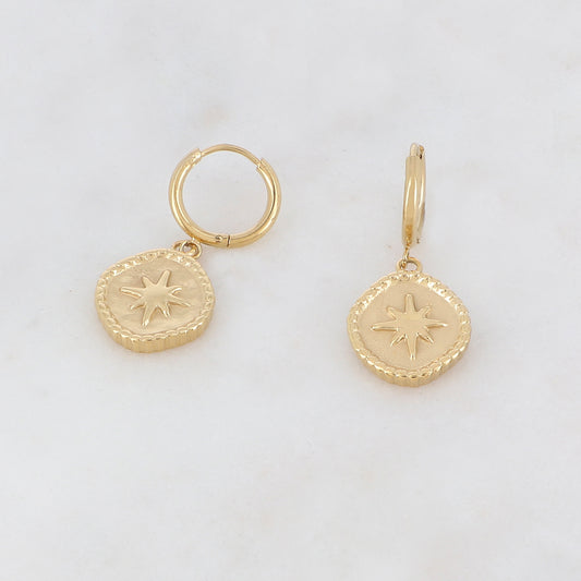 Créoles avec pièce ronde motif étoile du nord 1,3 x 2,9 cm.