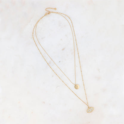 Collier 2 rangs - pastille ronde et œil avec oxydes de zirconium 44/57+5 cm
