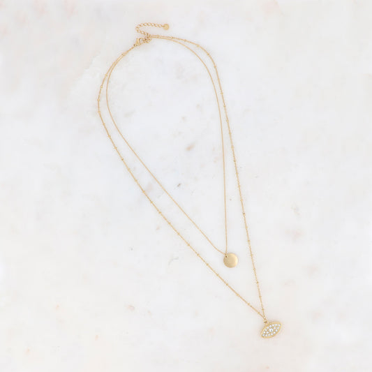 Collier 2 rangs - pastille ronde et œil avec oxydes de zirconium 44/57+5 cm