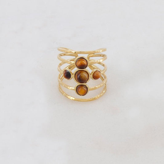 Bague ajustable 5 rangs avec 5 pierres naturelles - Œil de tigre