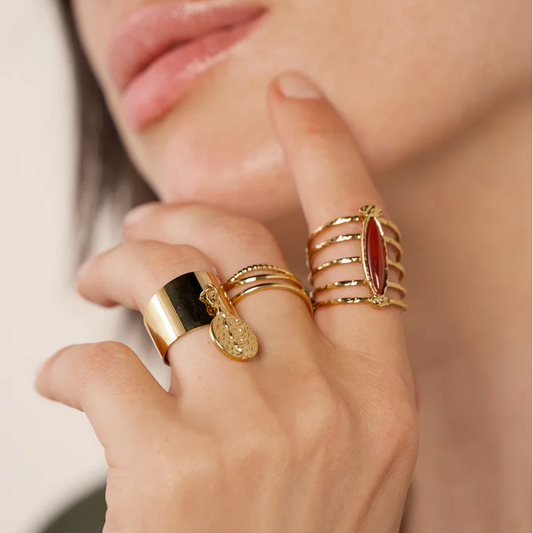 Bague ajustable 5 rangs avec pierres naturelles - Cornaline