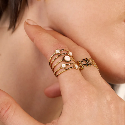 Bague ajustable 5 rangs avec 5 pierres naturelles - Nacre