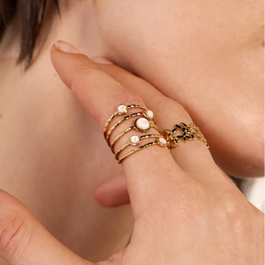 Bague ajustable 5 rangs avec 5 pierres naturelles - Nacre