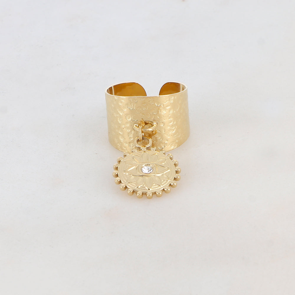 Bague à pampille martelée avec motif œil et strass
