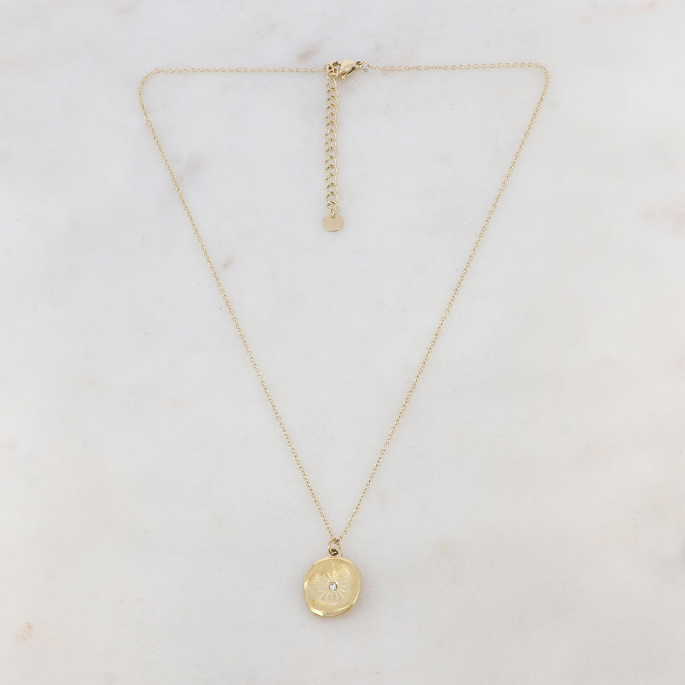 Collier doré avec pendentif rond et strass blanc 41+5 cm