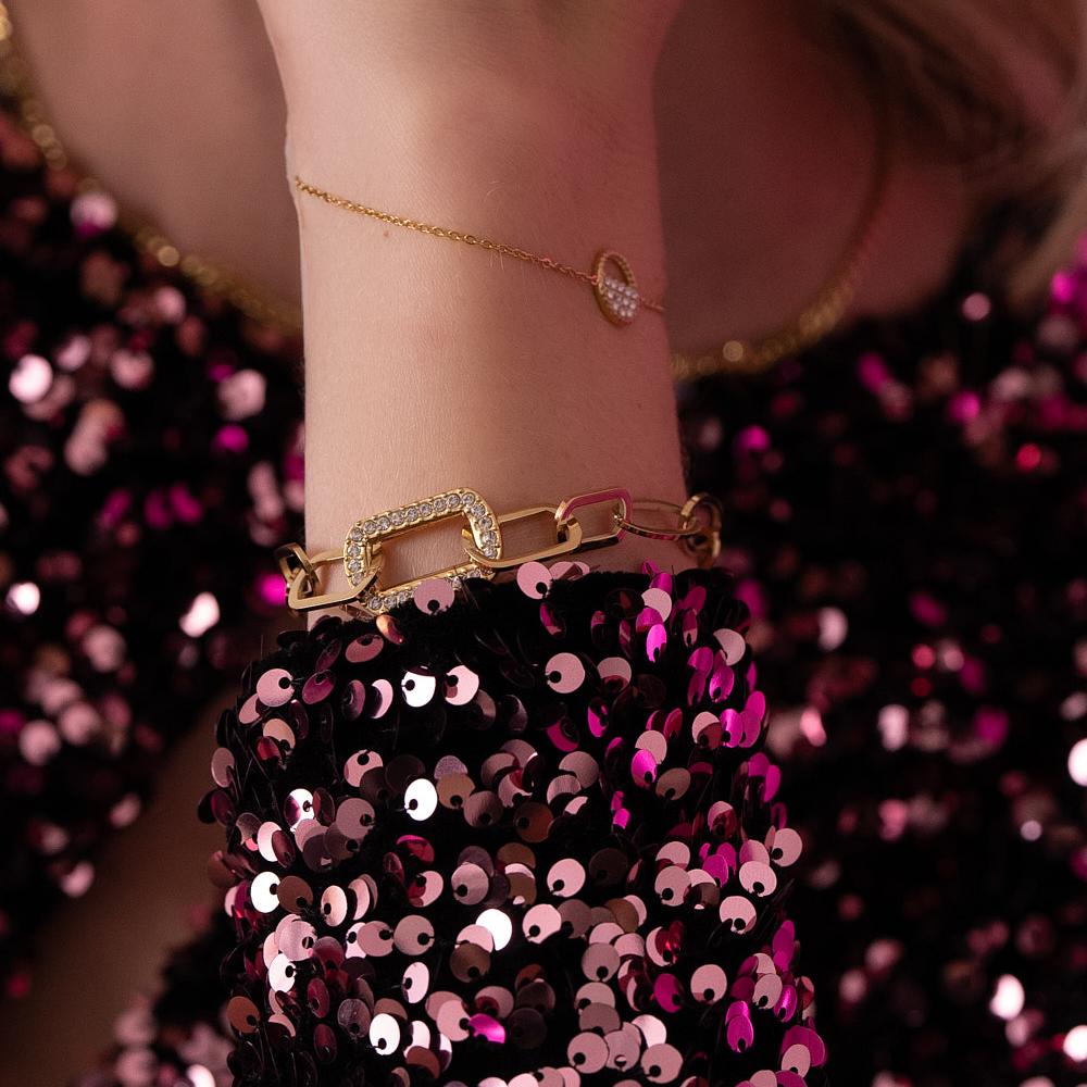 Bracelet maille multi-ovale, multi-rectangle avec pièce rectangulaire et strass