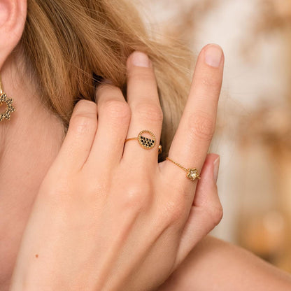 Bague fine réglable avec anneau et strass - Noir