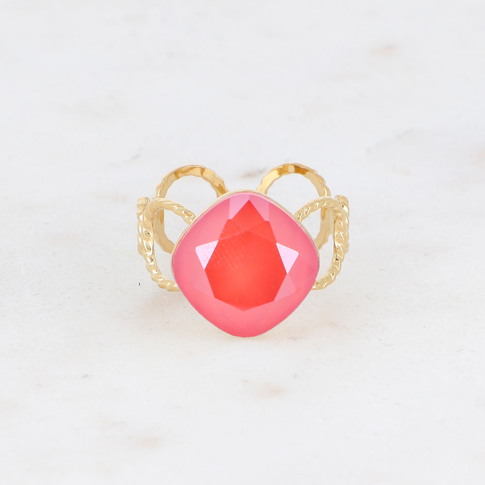 Bague - anneau aux cercles striés et orné de cristaux de Swarovski® - Cristal light coral