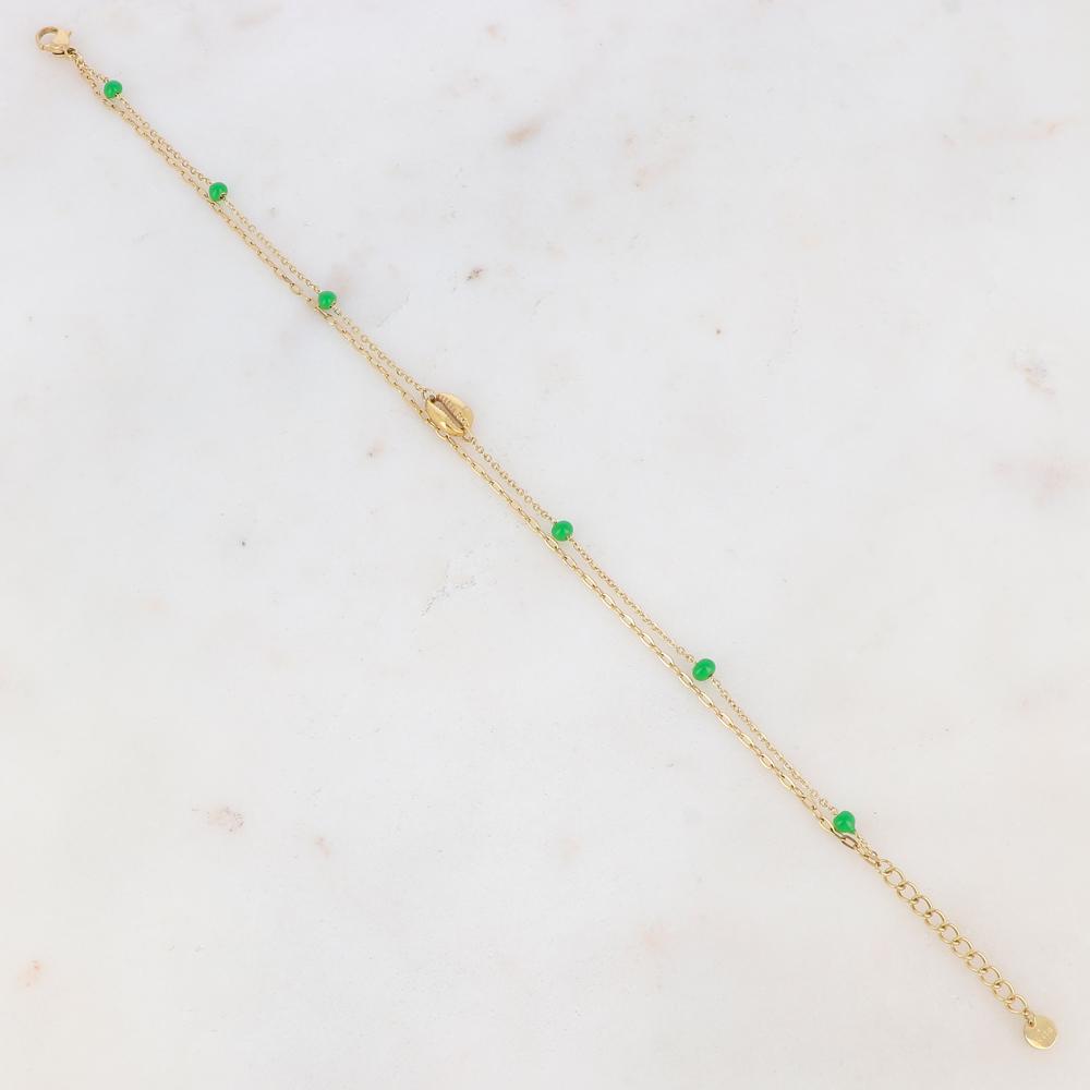 Chaîne de cheville deux rangs avec boules émaillées et cauri (22 + 3CM)