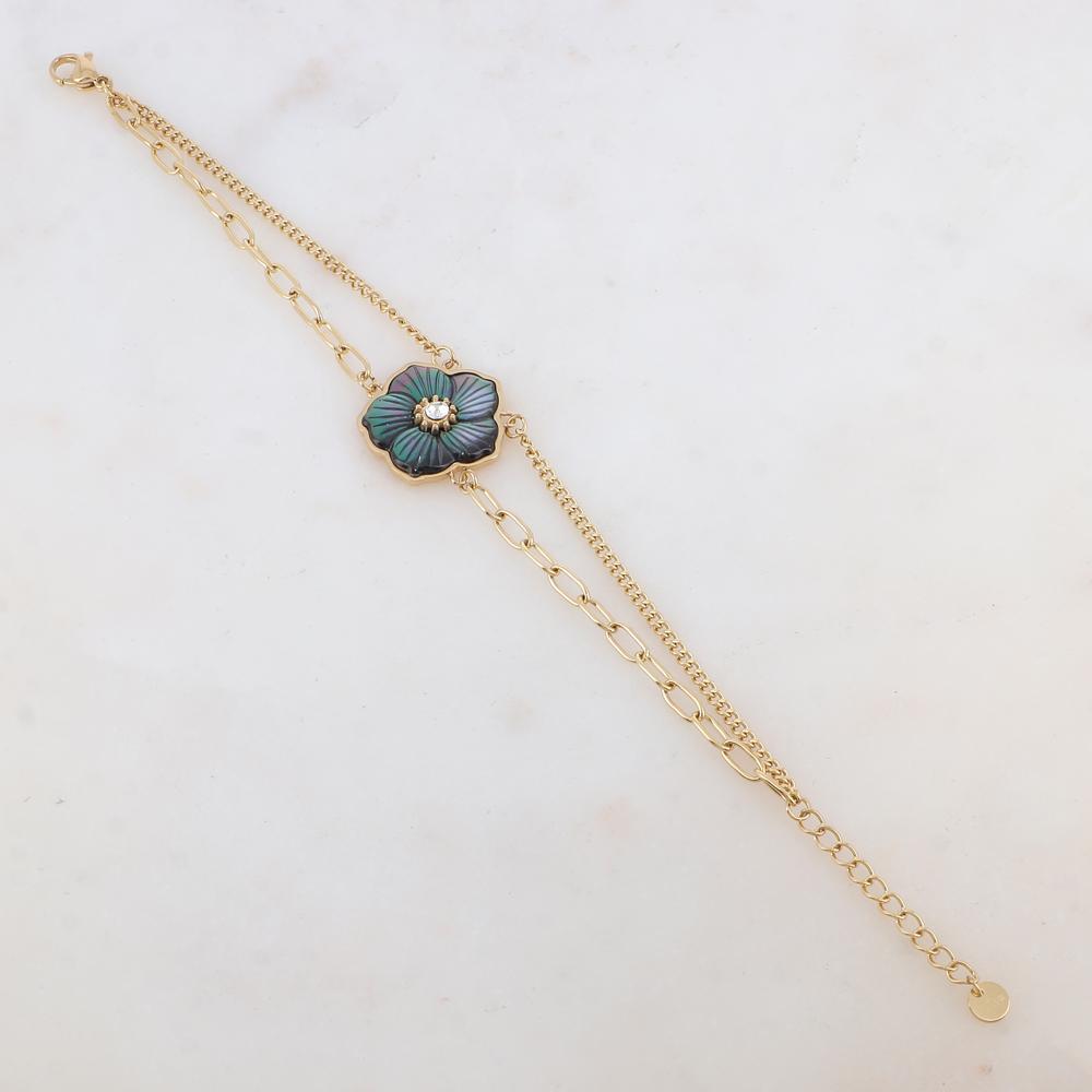 Bracelet deux rangs avec maille, pendentif fleur en nacre grise, strass