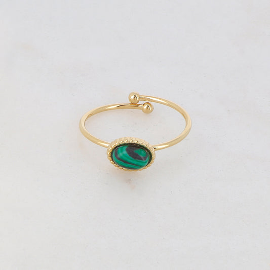 Bague fine ovale avec pierre reconstituée - Malachite