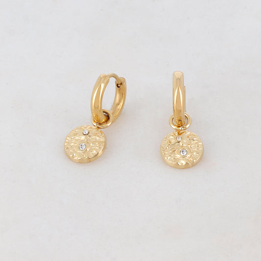 Créoles avec pièce ronde, 2 strass 1,3 x 2,3 cm.