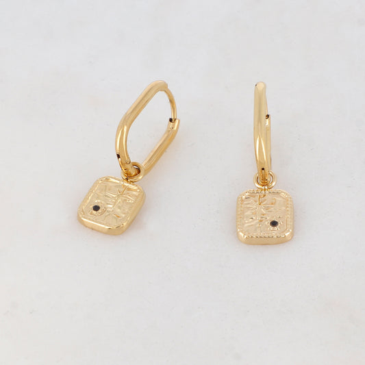 Créoles avec pièce carrées, motif étoile, 1 strass 1,2 x 2,8 cm.