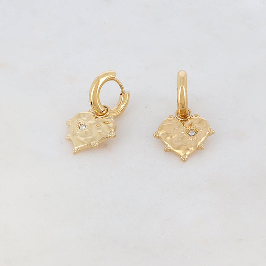 Créoles avec pendant cœur, motif cœur, 1 strass 1,4 x 2,7 cm.