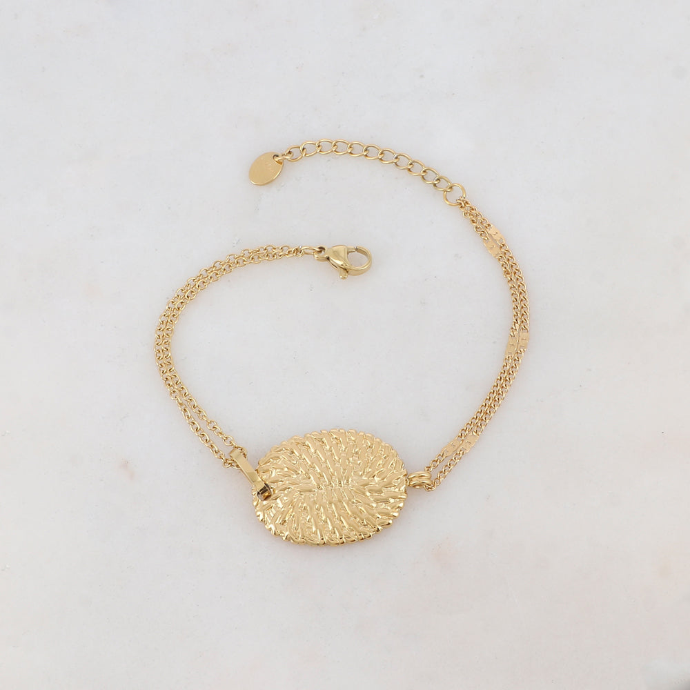 Bracelet 2 rangs avec anneau, pièce ovale, motif graphique