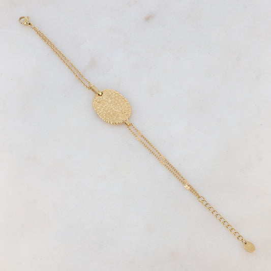 Bracelet 2 rangs avec anneau, pièce ovale, motif graphique