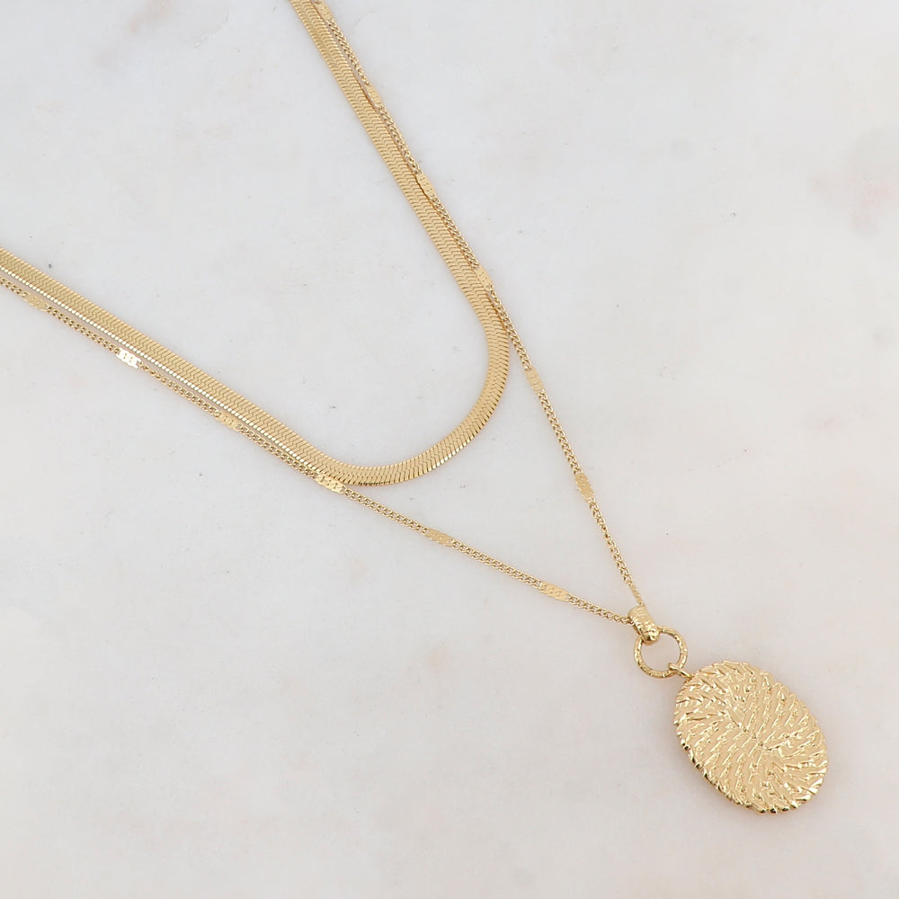 Collier 2 rangs doré avec maille miroir, pendentif ovale, motif graphique 40/48+5 cm