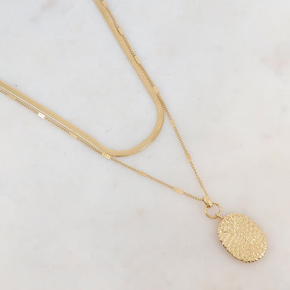 Collier 2 rangs doré avec maille miroir, pendentif ovale, motif graphique 40/48+5 cm