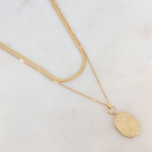Collier 2 rangs doré avec maille miroir, pendentif ovale, motif graphique 40/48+5 cm