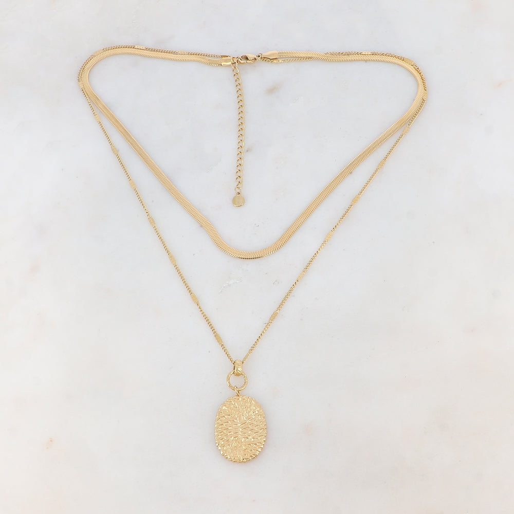 Collier 2 rangs doré avec maille miroir, pendentif ovale, motif graphique 40/48+5 cm