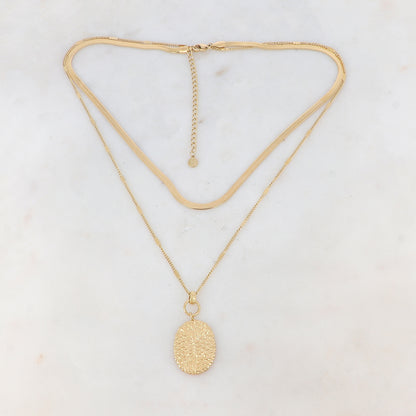 Collier 2 rangs doré avec maille miroir, pendentif ovale, motif graphique 40/48+5 cm