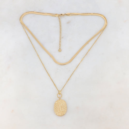 Collier 2 rangs doré avec maille miroir, pendentif ovale, motif graphique 40/48+5 cm