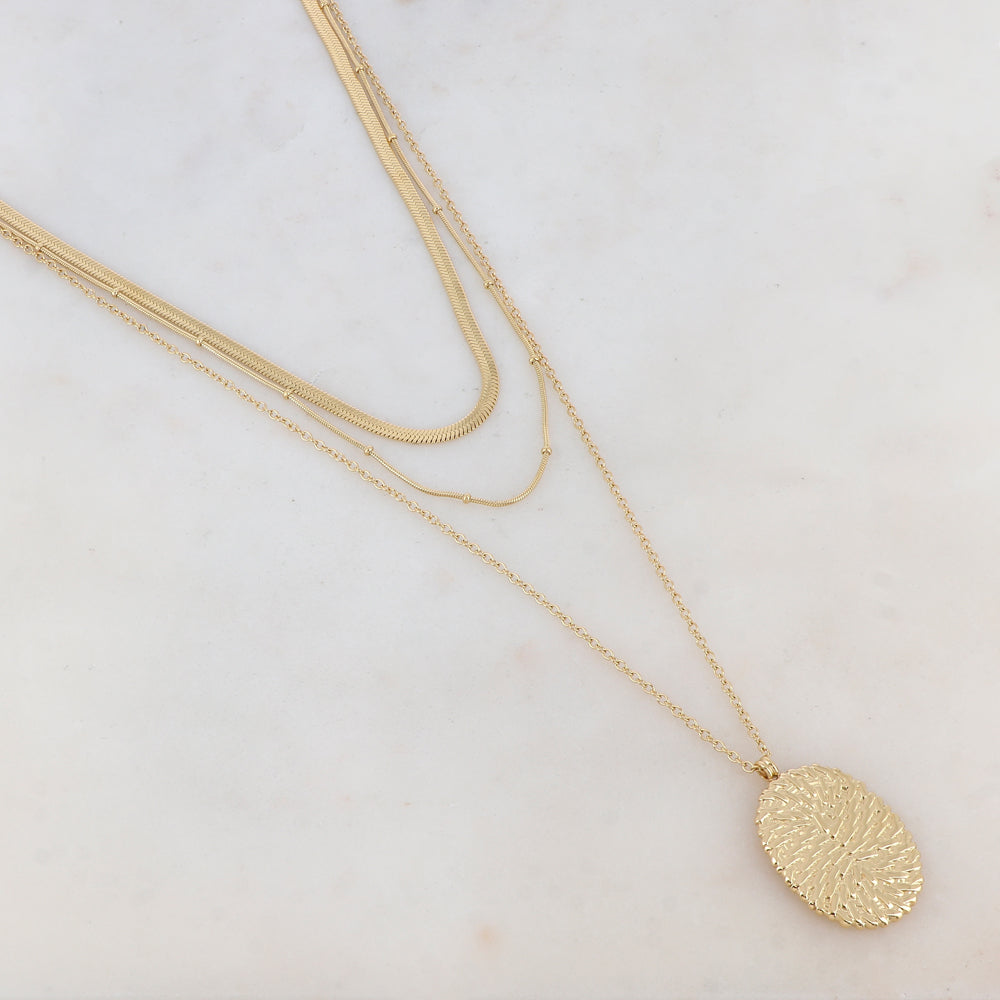 Collier 3 rangs doré avec maille miroir, pendentif ovale, motif graphique 38/50/60+7 cm