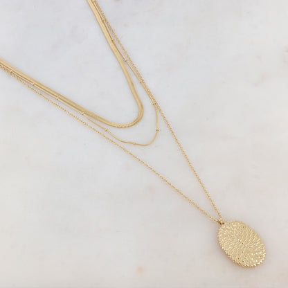 Collier 3 rangs doré avec maille miroir, pendentif ovale, motif graphique 38/50/60+7 cm