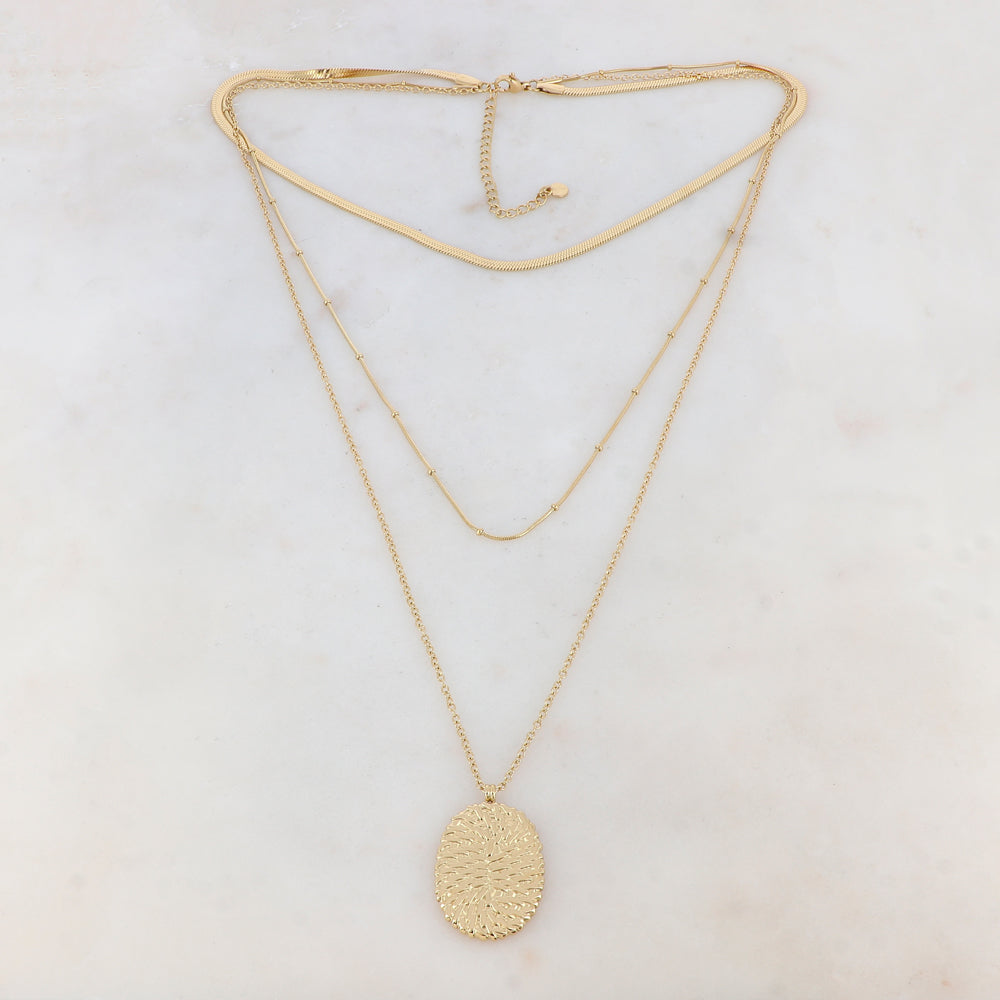 Collier 3 rangs doré avec maille miroir, pendentif ovale, motif graphique 38/50/60+7 cm