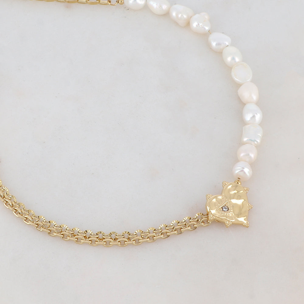 Collier maille Jaseron et chaîne 2 rangs doré avec perles d'eau douce, pendentif cœur, motif cœur et strass blanc 42+5 cm