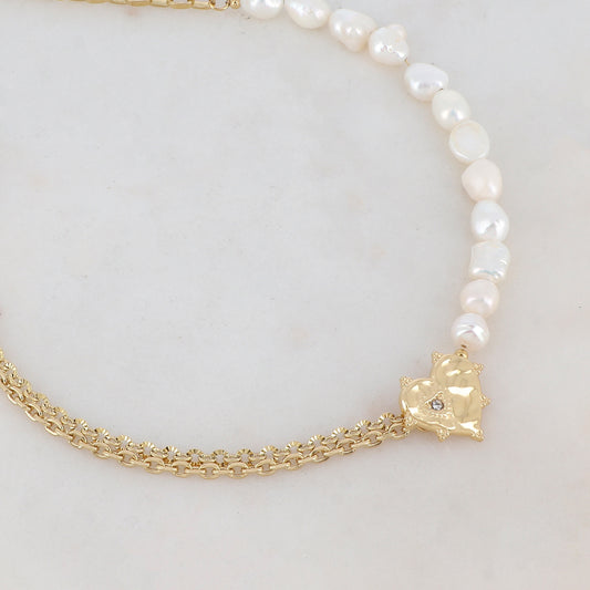 Collier maille Jaseron et chaîne 2 rangs doré avec perles d'eau douce, pendentif cœur, motif cœur et strass blanc 42+5 cm