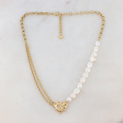 Collier maille Jaseron et chaîne 2 rangs doré avec perles d'eau douce, pendentif cœur, motif cœur et strass blanc 42+5 cm